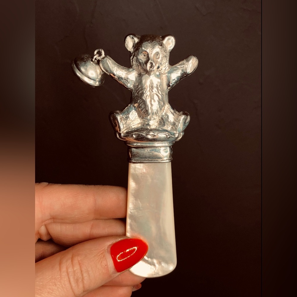 Vintage Sterling Silver MOP Baby Bear Rattle